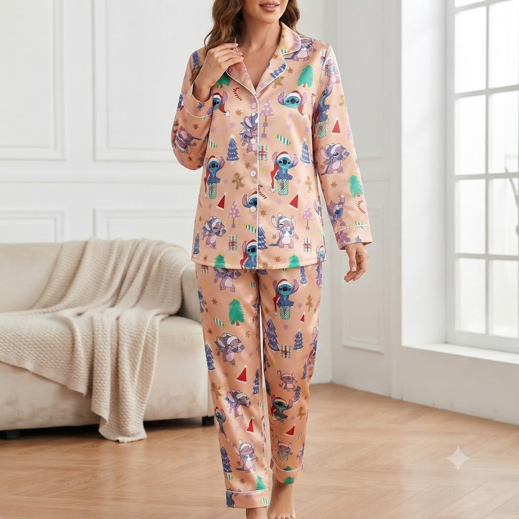 PJ-M2182-Disney Stitch Christmas Satin Pajama Set, Pink Holiday Alien Cartoon Sleepwear Gift