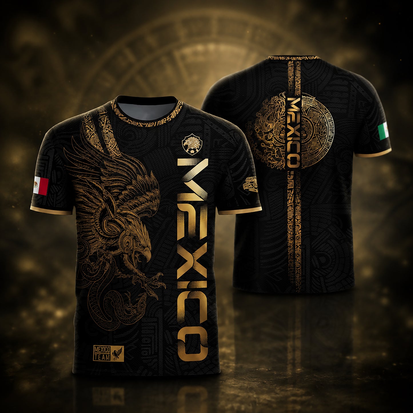 SJ-338-Mexico Concept Soccer Jersey Collection, Aztec Calendar Gold Print Athletic Sportswear Apparel Set FREE SHIPING
