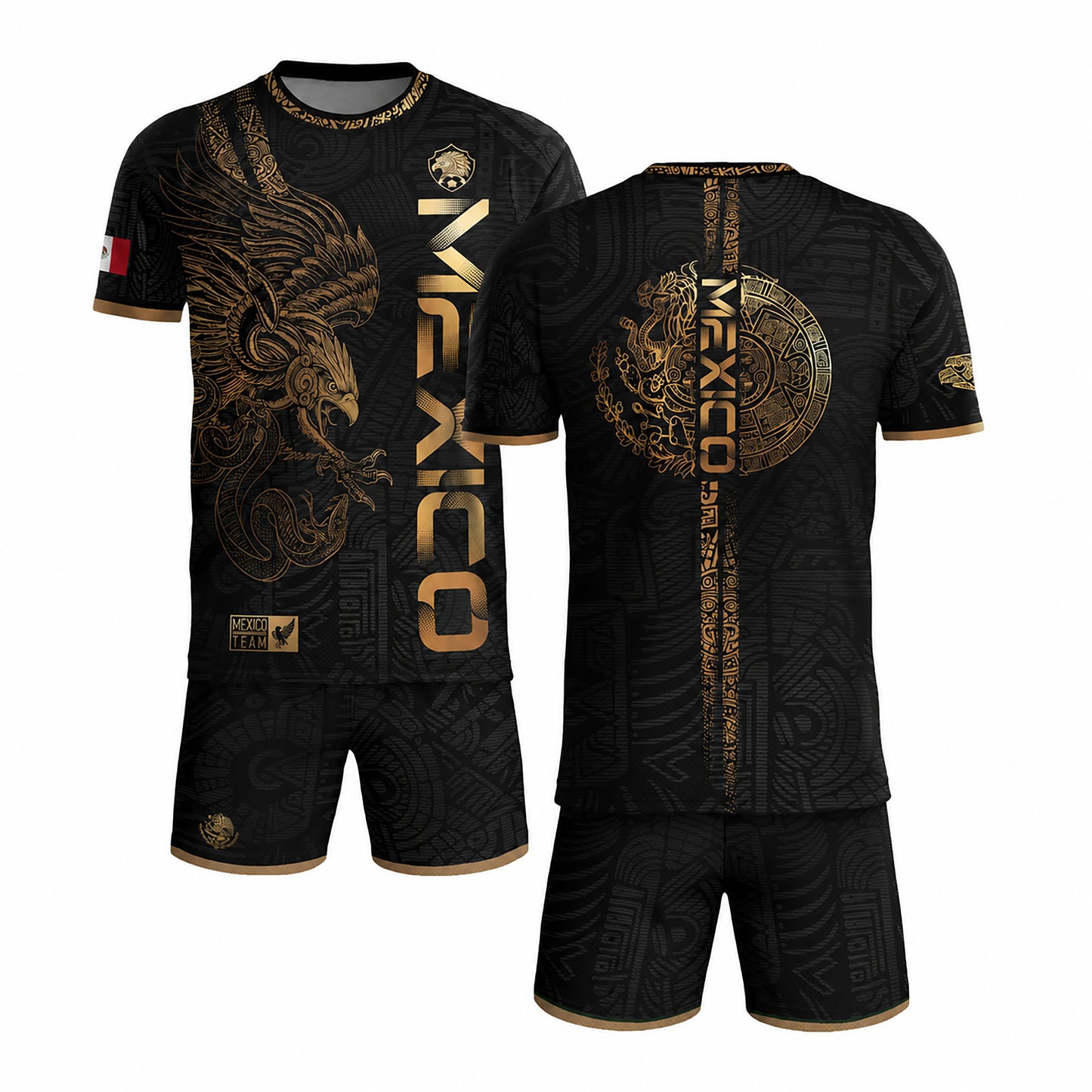 SJ-338-Mexico Concept Soccer Jersey Collection, Aztec Calendar Gold Print Athletic Sportswear Apparel Set FREE SHIPING