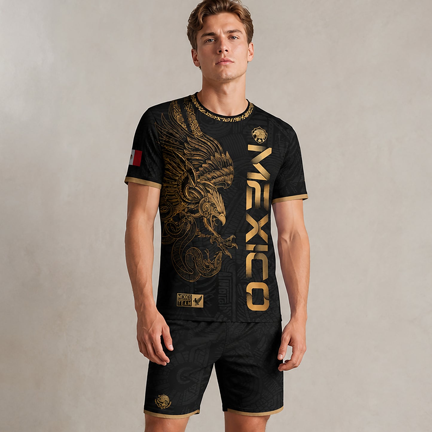 SJ-338-Mexico Concept Soccer Jersey Collection, Aztec Calendar Gold Print Athletic Sportswear Apparel Set FREE SHIPING