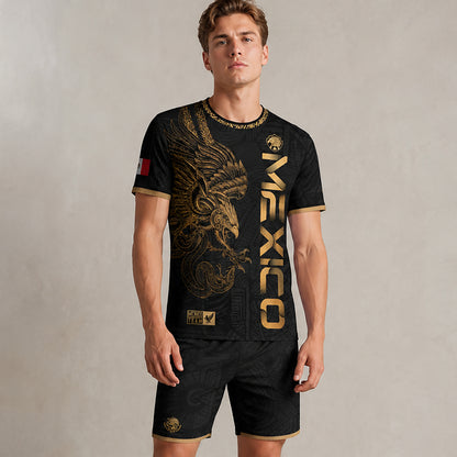 SJ-338-Mexico Concept Soccer Jersey Collection, Aztec Calendar Gold Print Athletic Sportswear Apparel Set FREE SHIPING