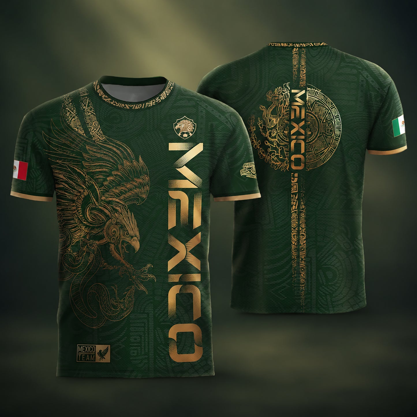 SJ-338-Mexico Concept Soccer Jersey Collection, Aztec Calendar Gold Print Athletic Sportswear Apparel Set FREE SHIPING