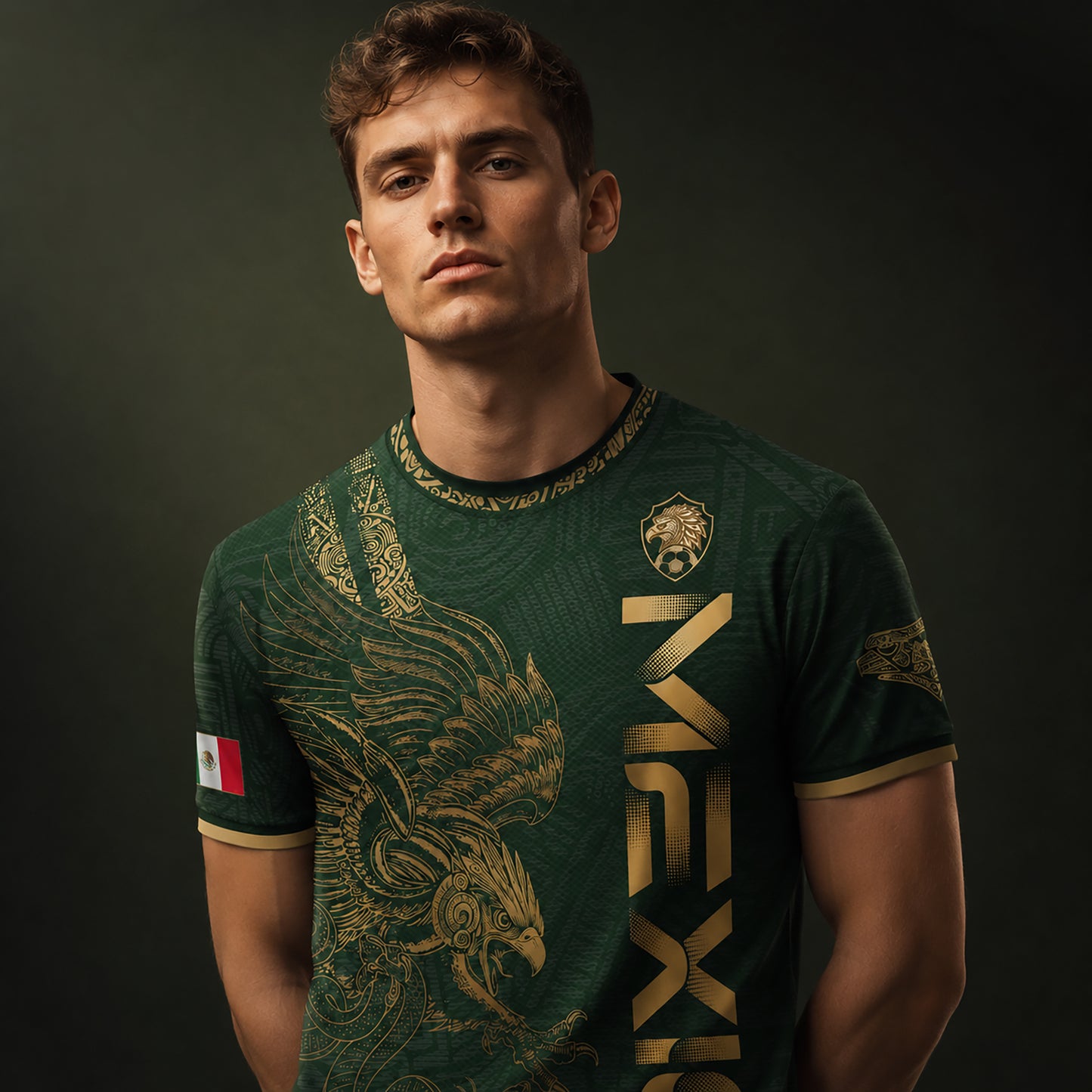 SJ-338-Mexico Concept Soccer Jersey Collection, Aztec Calendar Gold Print Athletic Sportswear Apparel Set FREE SHIPING
