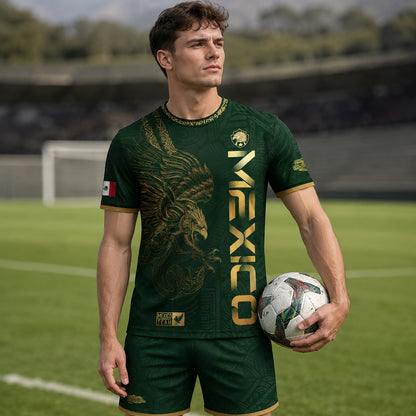 SJ-338-Mexico Concept Soccer Jersey Collection, Aztec Calendar Gold Print Athletic Sportswear Apparel Set FREE SHIPING
