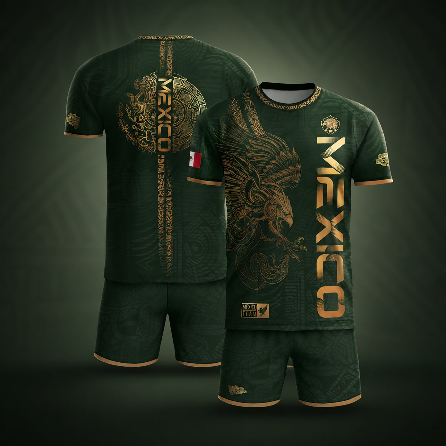 SJ-338-Mexico Concept Soccer Jersey Collection, Aztec Calendar Gold Print Athletic Sportswear Apparel Set FREE SHIPING