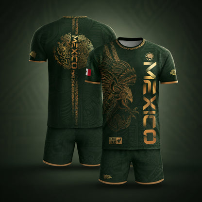 SJ-338-Mexico Concept Soccer Jersey Collection, Aztec Calendar Gold Print Athletic Sportswear Apparel Set FREE SHIPING