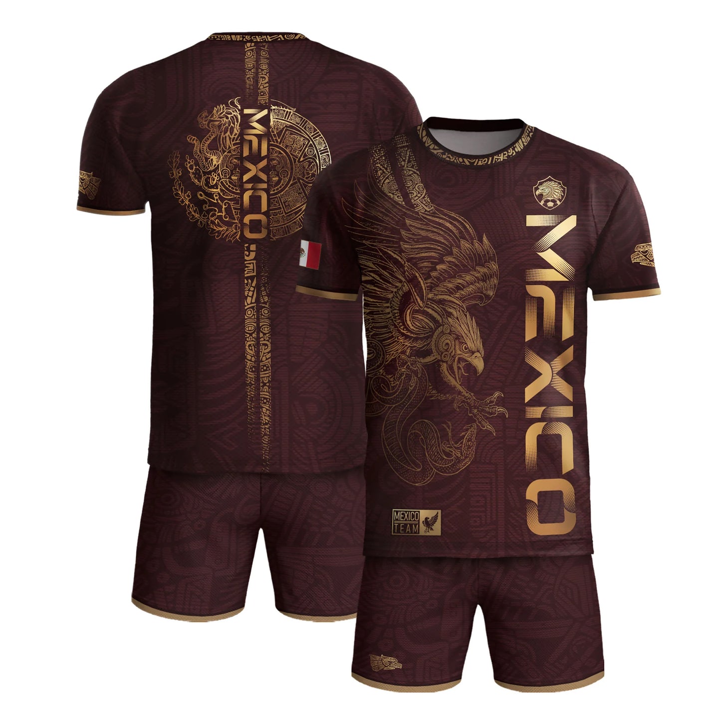 SJ-338-Mexico Concept Soccer Jersey Collection, Aztec Calendar Gold Print Athletic Sportswear Apparel Set FREE SHIPING