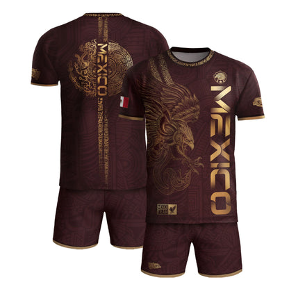 SJ-338-Mexico Concept Soccer Jersey Collection, Aztec Calendar Gold Print Athletic Sportswear Apparel Set FREE SHIPING