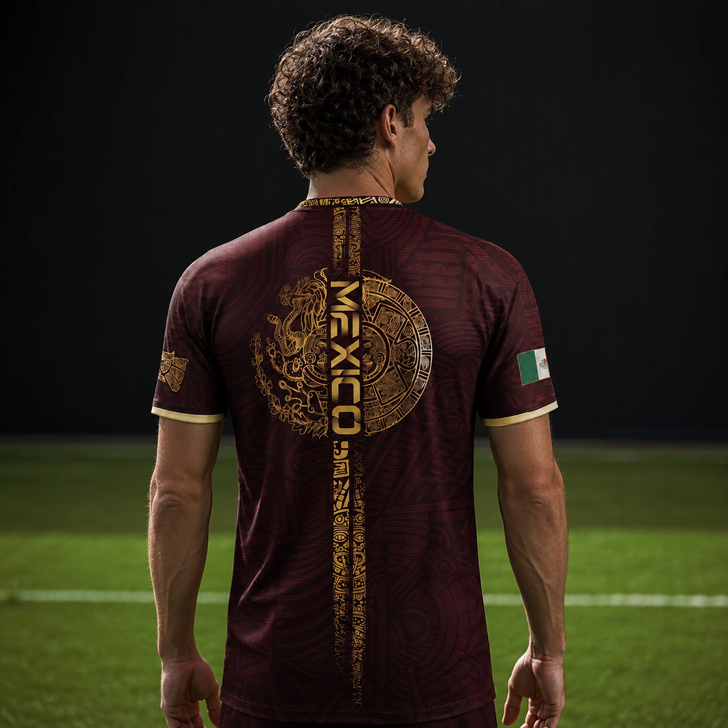 SJ-338-Mexico Concept Soccer Jersey Collection, Aztec Calendar Gold Print Athletic Sportswear Apparel Set FREE SHIPING