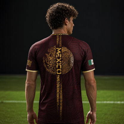 SJ-338-Mexico Concept Soccer Jersey Collection, Aztec Calendar Gold Print Athletic Sportswear Apparel Set FREE SHIPING