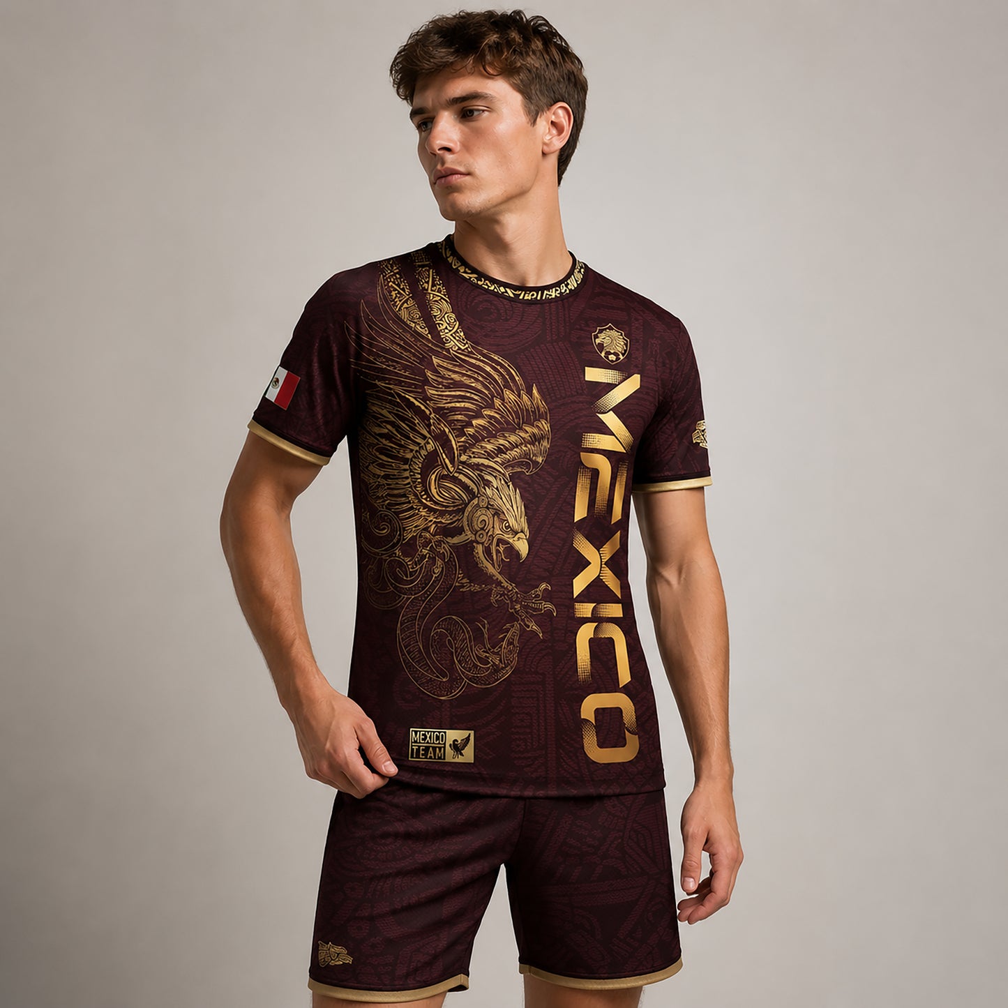 SJ-338-Mexico Concept Soccer Jersey Collection, Aztec Calendar Gold Print Athletic Sportswear Apparel Set FREE SHIPING