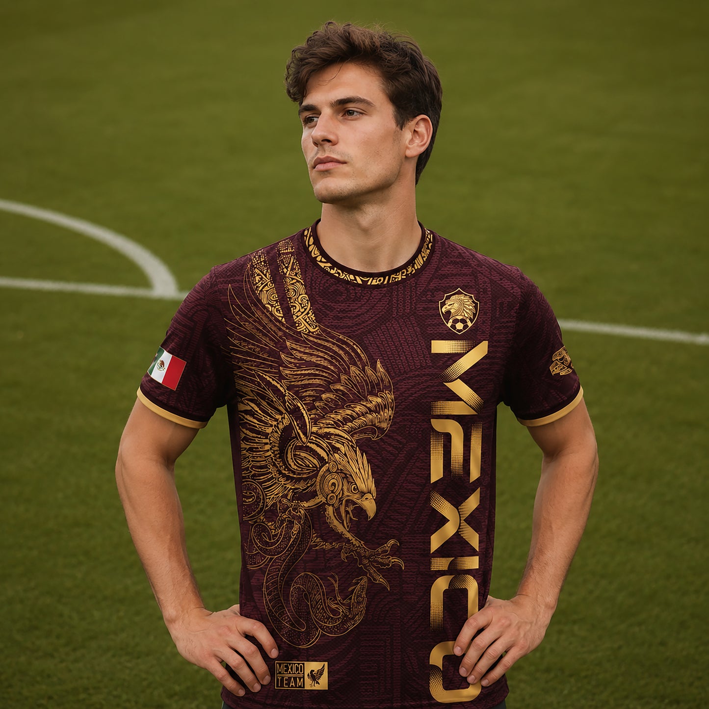 SJ-338-Mexico Concept Soccer Jersey Collection, Aztec Calendar Gold Print Athletic Sportswear Apparel Set FREE SHIPING