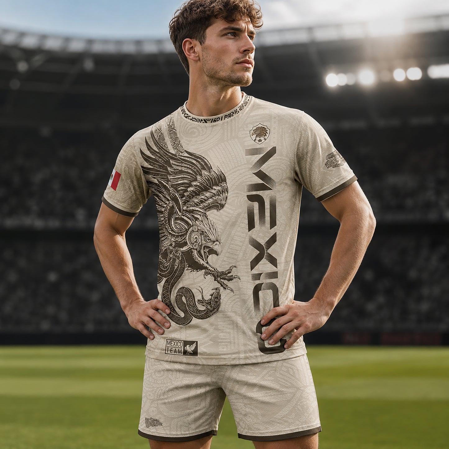 SJ-338-Mexico Concept Soccer Jersey Collection, Aztec Calendar Gold Print Athletic Sportswear Apparel Set FREE SHIPING