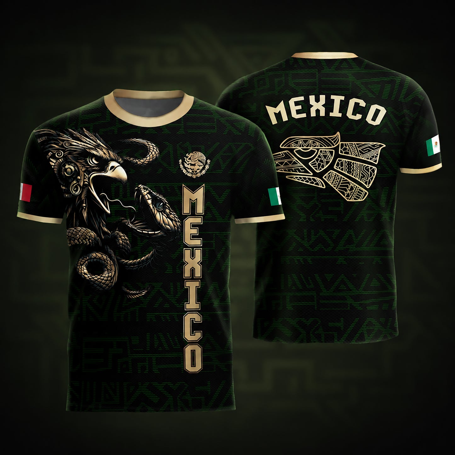 SJ-340-Mexico Aztec Eagle Soccer Jersey Set, Gold Calendar Football Shirts Sportswear Collection FREE SHIPPING