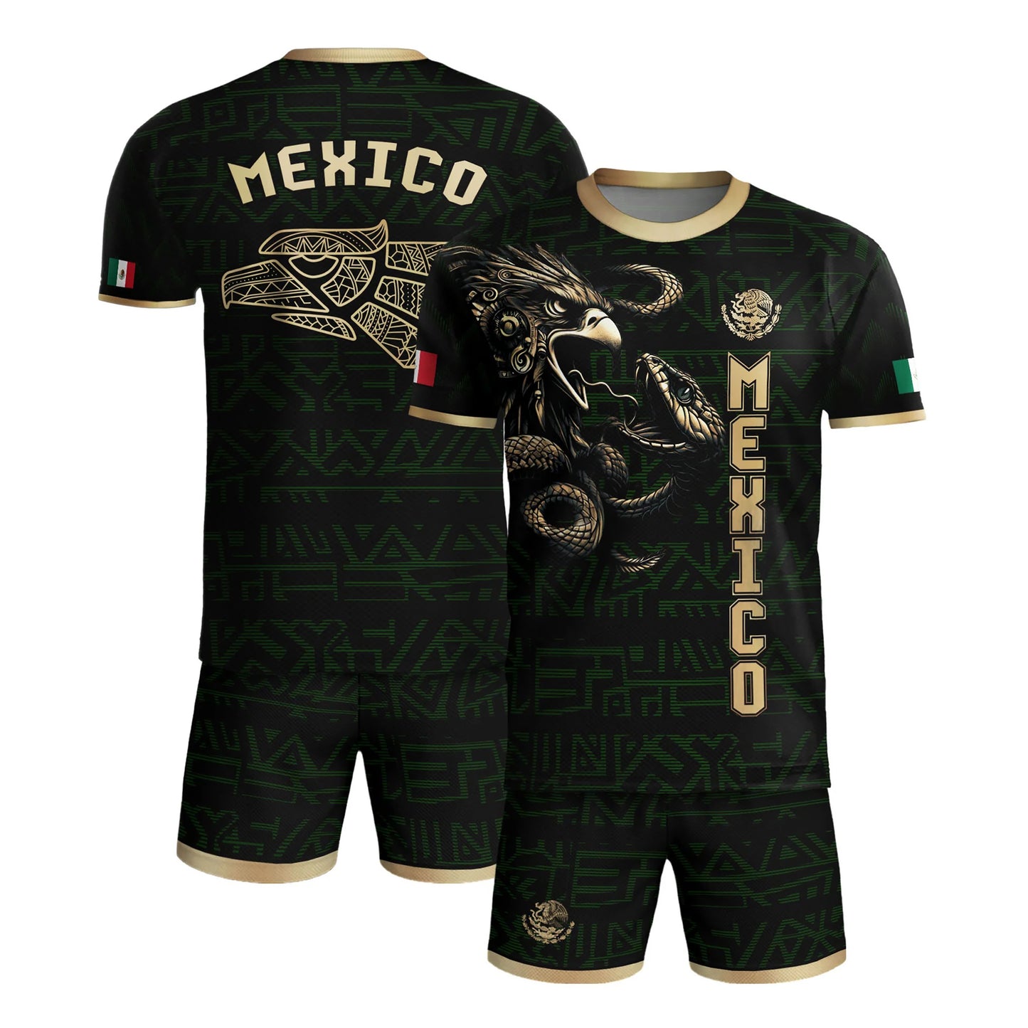 SJ-340-Mexico Aztec Eagle Soccer Jersey Set, Gold Calendar Football Shirts Sportswear Collection FREE SHIPPING