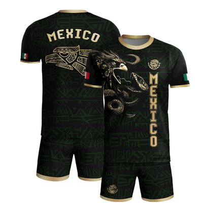 SJ-340-Mexico Aztec Eagle Soccer Jersey Set, Gold Calendar Football Shirts Sportswear Collection FREE SHIPPING