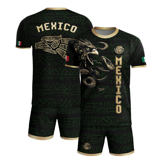 SJ-340-Mexico Aztec Eagle Soccer Jersey Set, Gold Calendar Football Shirts Sportswear Collection FREE SHIPPING