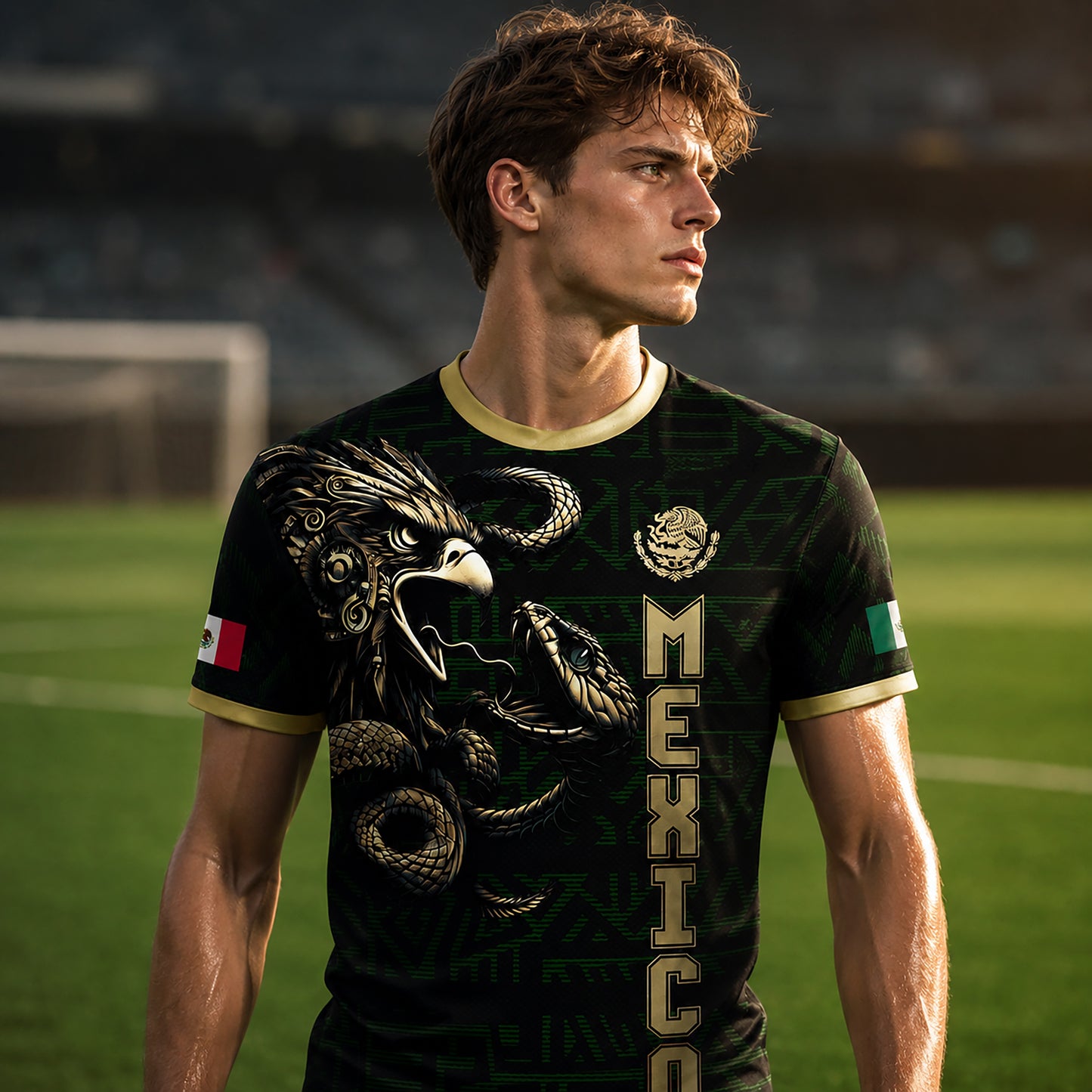 SJ-340-Mexico Aztec Eagle Soccer Jersey Set, Gold Calendar Football Shirts Sportswear Collection FREE SHIPPING