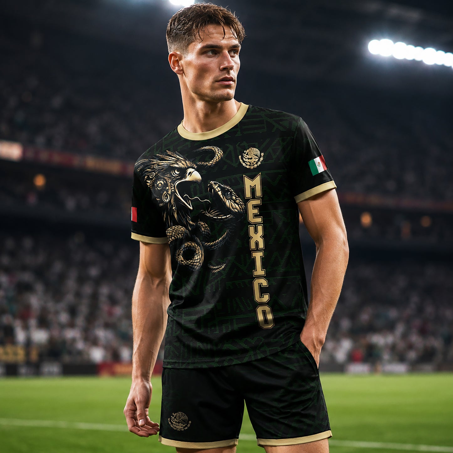 SJ-340-Mexico Aztec Eagle Soccer Jersey Set, Gold Calendar Football Shirts Sportswear Collection FREE SHIPPING