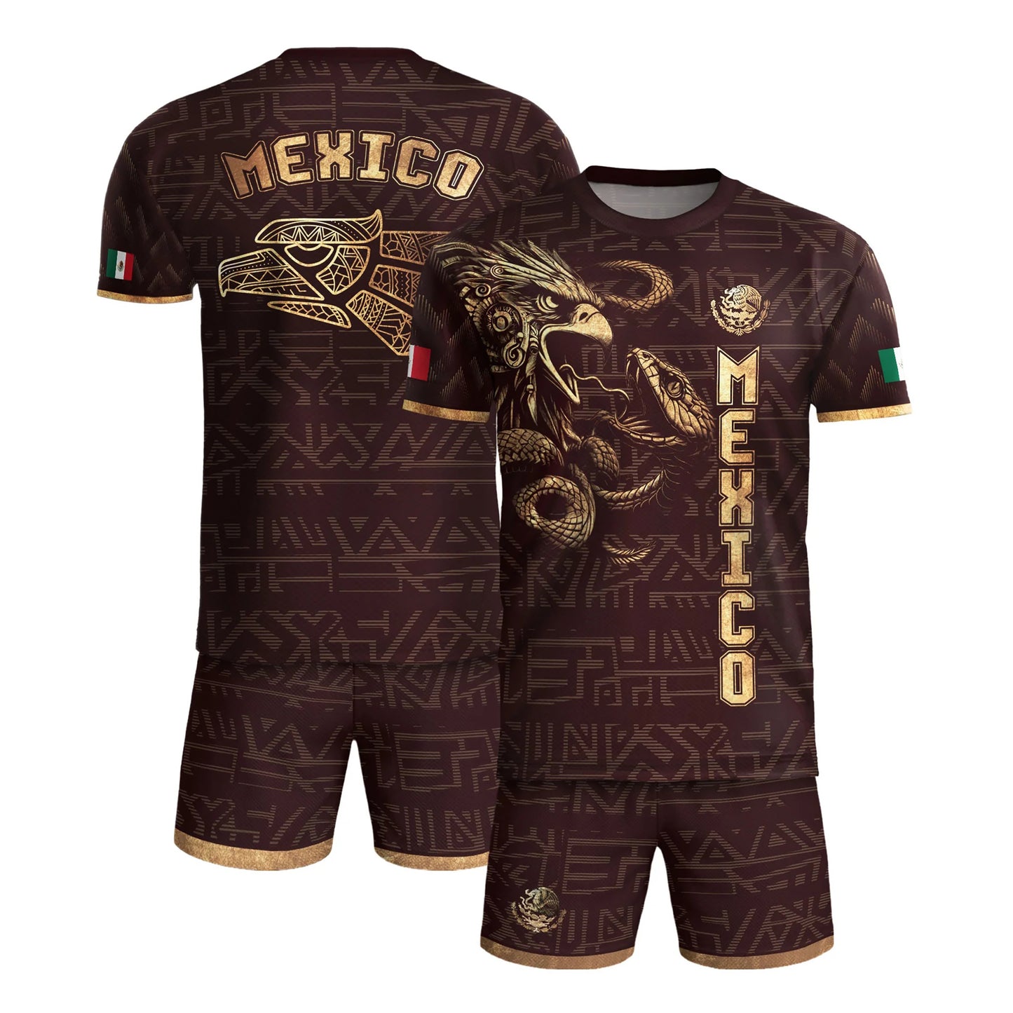 SJ-340-Mexico Aztec Eagle Soccer Jersey Set, Gold Calendar Football Shirts Sportswear Collection FREE SHIPPING