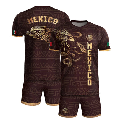 SJ-340-Mexico Aztec Eagle Soccer Jersey Set, Gold Calendar Football Shirts Sportswear Collection FREE SHIPPING