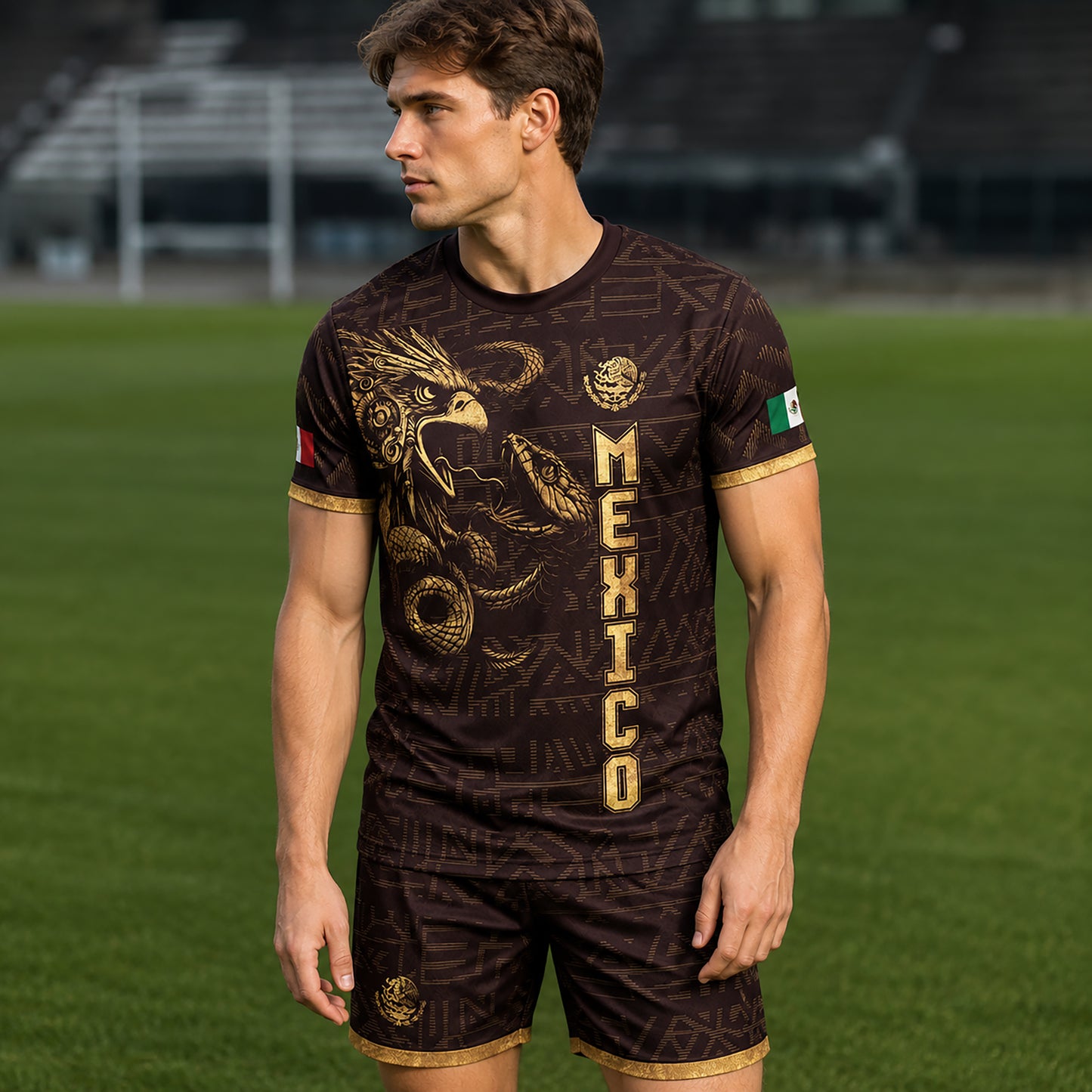 SJ-340-Mexico Aztec Eagle Soccer Jersey Set, Gold Calendar Football Shirts Sportswear Collection FREE SHIPPING