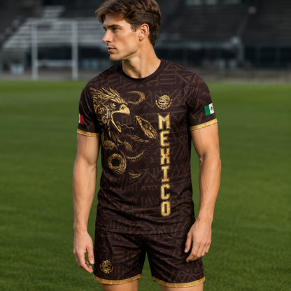 SJ-340-Mexico Aztec Eagle Soccer Jersey Set, Gold Calendar Football Shirts Sportswear Collection FREE SHIPPING