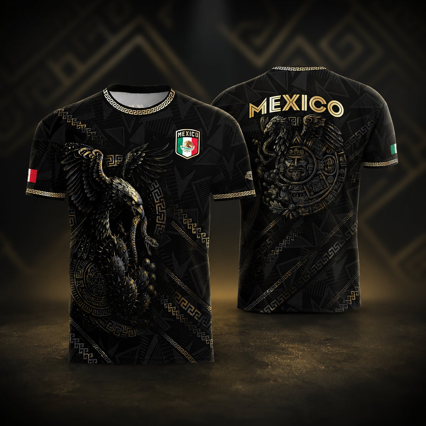 SJ-342-Black Mexico Aztec Eagle Soccer Jersey, Gold Calendar Football Shirt Sportswear Top FREE SHIPPING