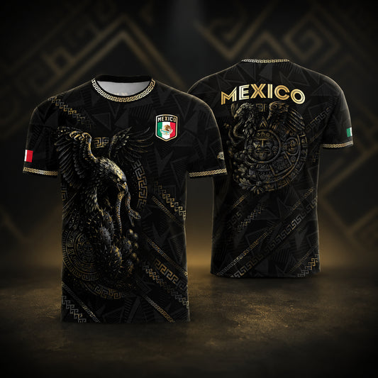 SJ-342-Black Mexico Aztec Eagle Soccer Jersey, Gold Calendar Football Shirt Sportswear Top FREE SHIPPING