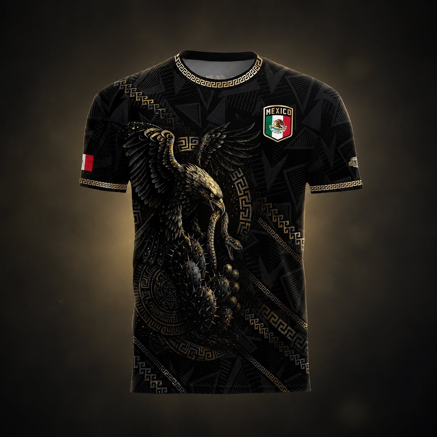 SJ-342-Black Mexico Aztec Eagle Soccer Jersey, Gold Calendar Football Shirt Sportswear Top FREE SHIPPING