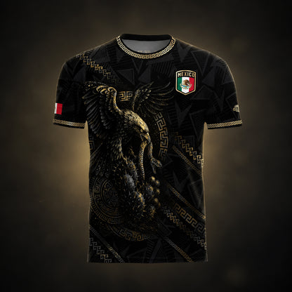 SJ-342-Black Mexico Aztec Eagle Soccer Jersey, Gold Calendar Football Shirt Sportswear Top FREE SHIPPING