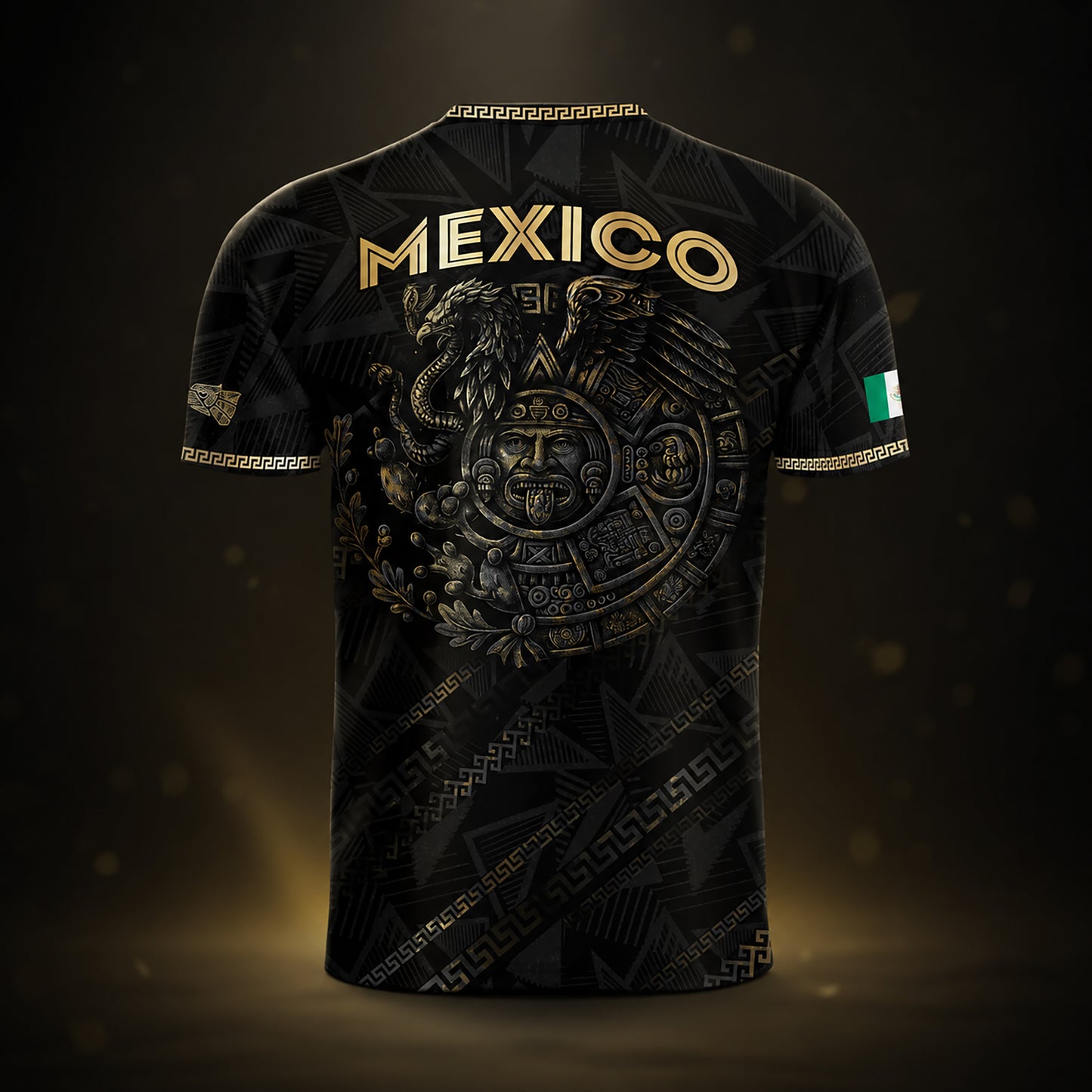 SJ-342-Black Mexico Aztec Eagle Soccer Jersey, Gold Calendar Football Shirt Sportswear Top FREE SHIPPING