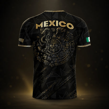 SJ-342-Black Mexico Aztec Eagle Soccer Jersey, Gold Calendar Football Shirt Sportswear Top FREE SHIPPING