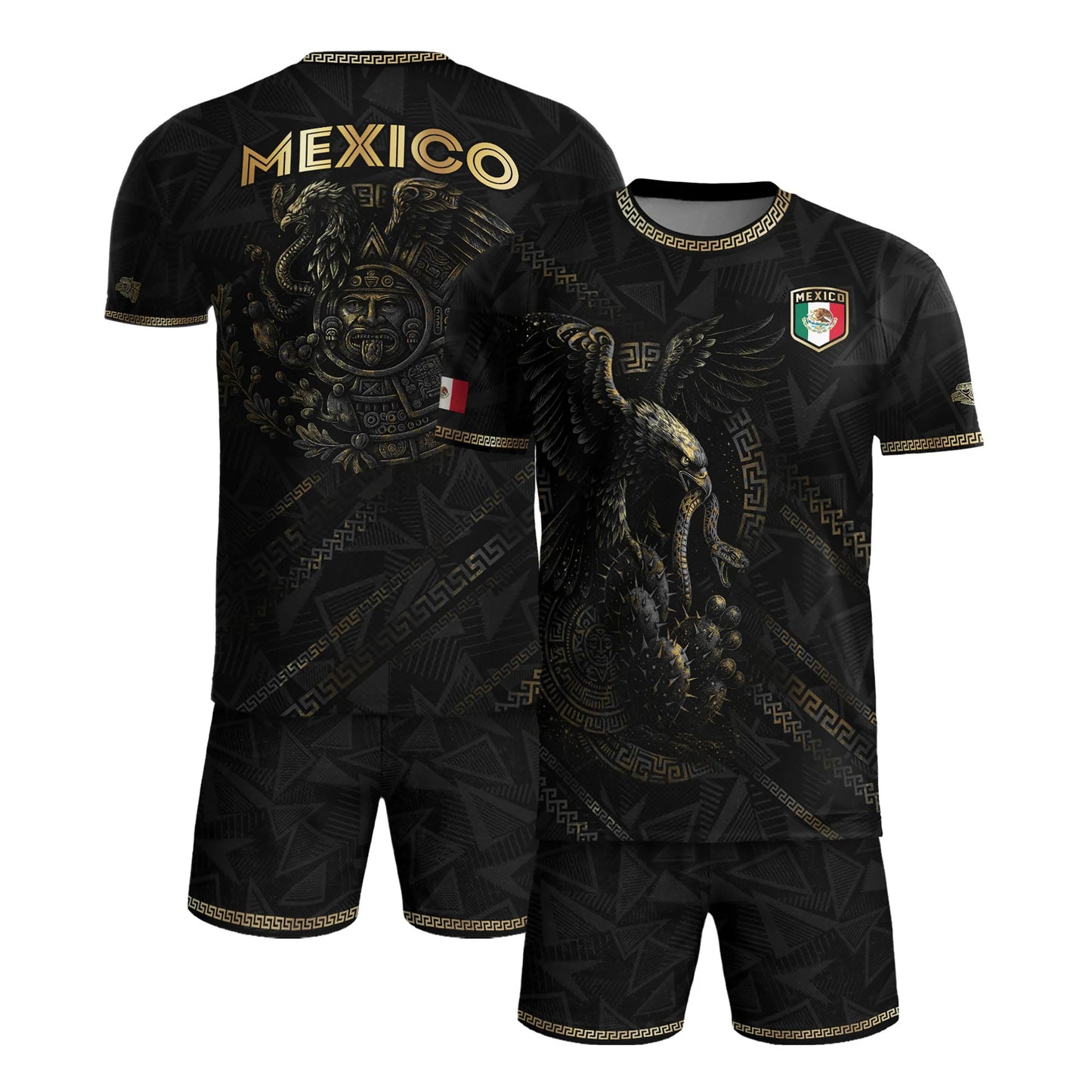 SJ-342-Black Mexico Aztec Eagle Soccer Jersey, Gold Calendar Football Shirt Sportswear Top FREE SHIPPING