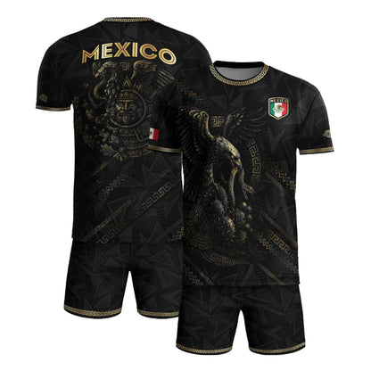 SJ-342-Black Mexico Aztec Eagle Soccer Jersey, Gold Calendar Football Shirt Sportswear Top FREE SHIPPING