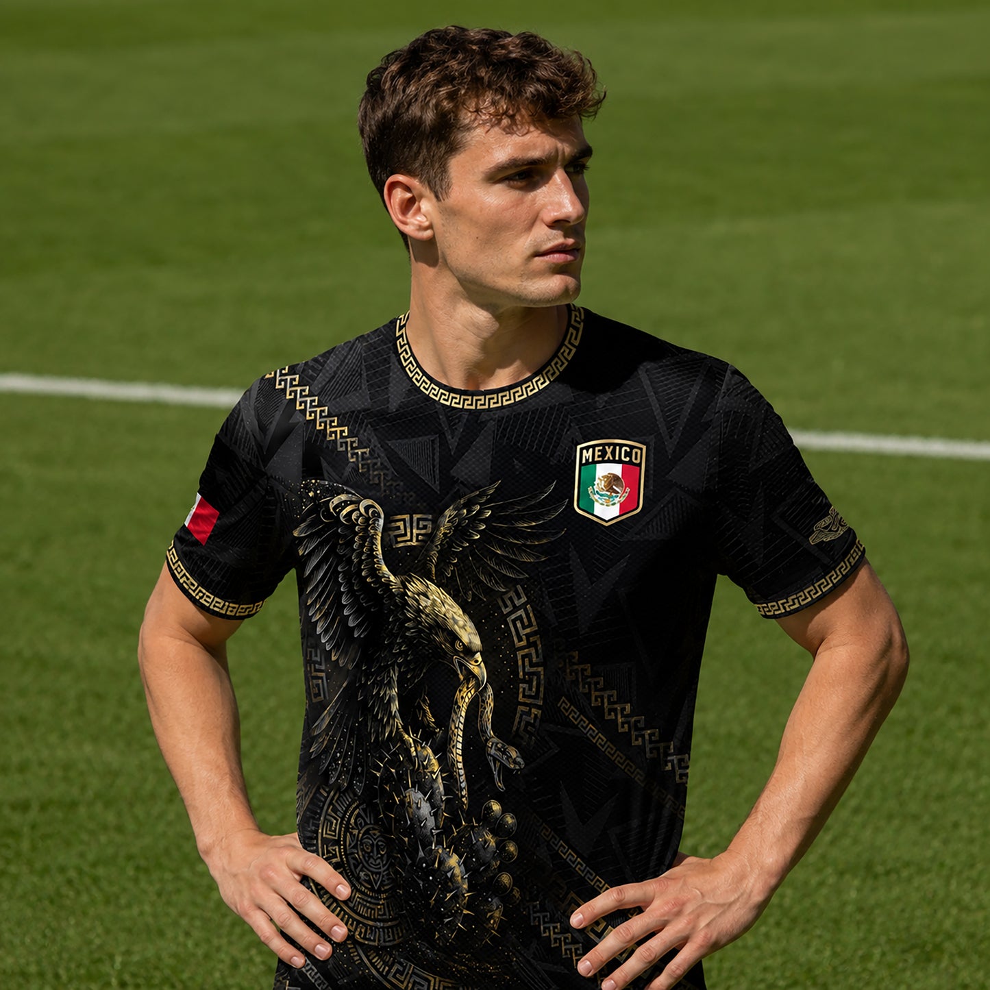 SJ-342-Black Mexico Aztec Eagle Soccer Jersey, Gold Calendar Football Shirt Sportswear Top FREE SHIPPING