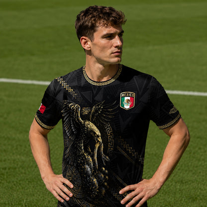 SJ-342-Black Mexico Aztec Eagle Soccer Jersey, Gold Calendar Football Shirt Sportswear Top FREE SHIPPING