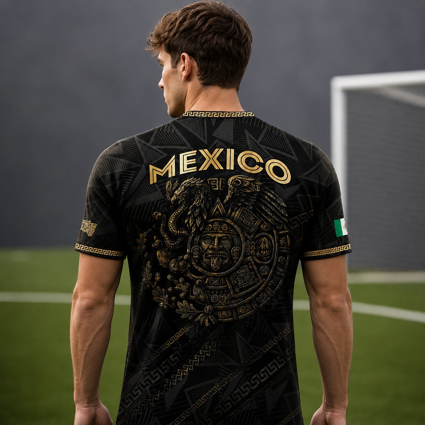SJ-342-Black Mexico Aztec Eagle Soccer Jersey, Gold Calendar Football Shirt Sportswear Top FREE SHIPPING