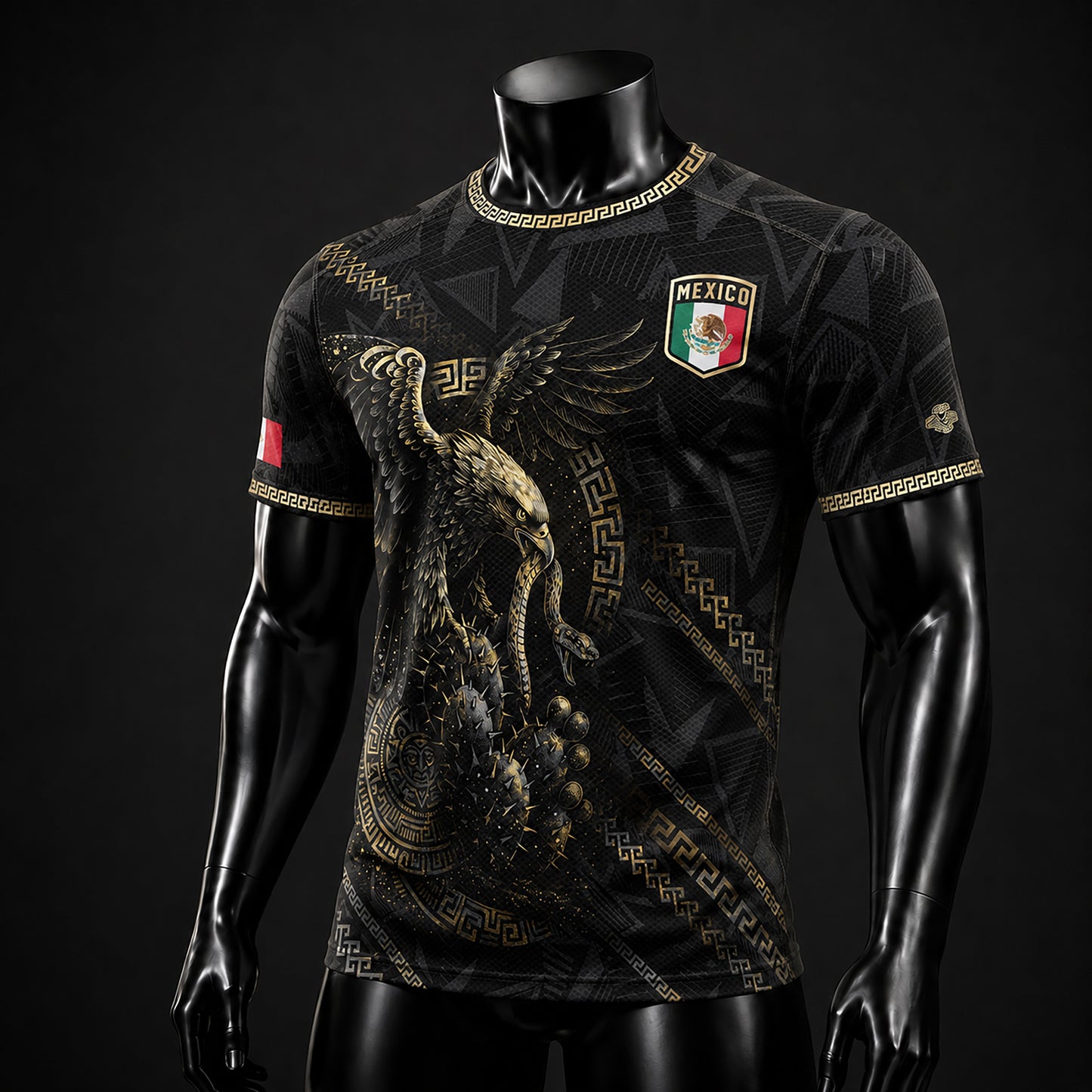 SJ-342-Black Mexico Aztec Eagle Soccer Jersey, Gold Calendar Football Shirt Sportswear Top FREE SHIPPING