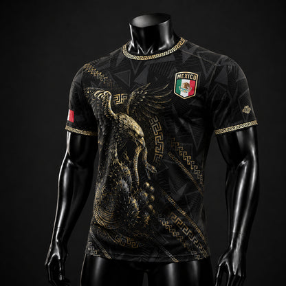 SJ-342-Black Mexico Aztec Eagle Soccer Jersey, Gold Calendar Football Shirt Sportswear Top FREE SHIPPING