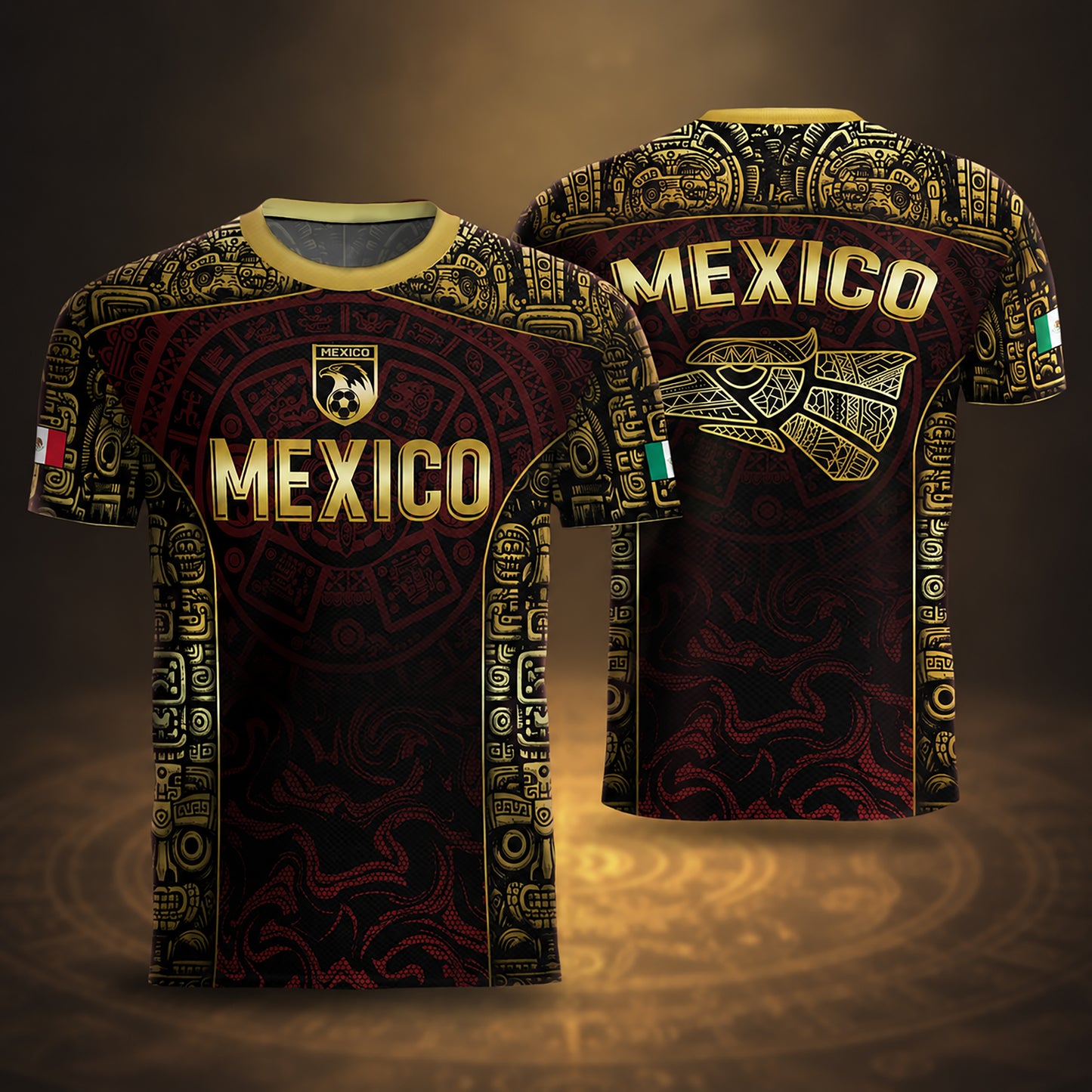 SJ-343-Maroon Mexico Aztec Eagle Soccer Jersey, Gold Print Calendar Football Shirt Sportswear Jersey FREE SHIPPING