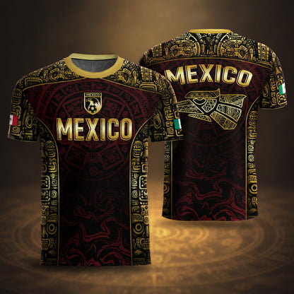 SJ-343-Maroon Mexico Aztec Eagle Soccer Jersey, Gold Print Calendar Football Shirt Sportswear Jersey FREE SHIPPING