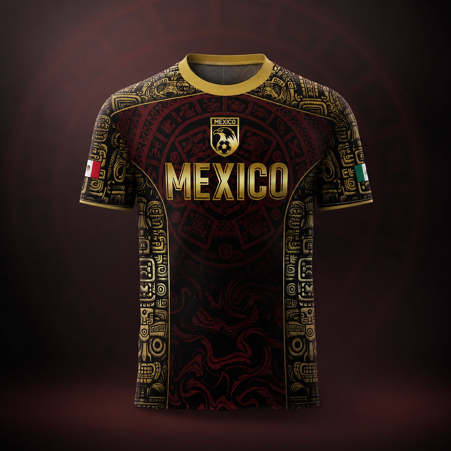 SJ-343-Maroon Mexico Aztec Eagle Soccer Jersey, Gold Print Calendar Football Shirt Sportswear Jersey FREE SHIPPING