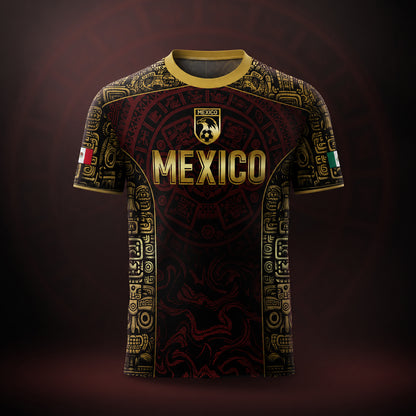 SJ-343-Maroon Mexico Aztec Eagle Soccer Jersey, Gold Print Calendar Football Shirt Sportswear Jersey FREE SHIPPING
