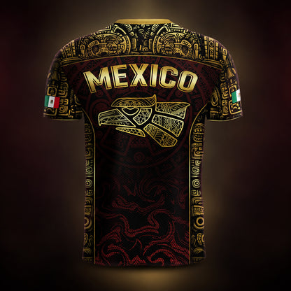 SJ-343-Maroon Mexico Aztec Eagle Soccer Jersey, Gold Print Calendar Football Shirt Sportswear Jersey FREE SHIPPING
