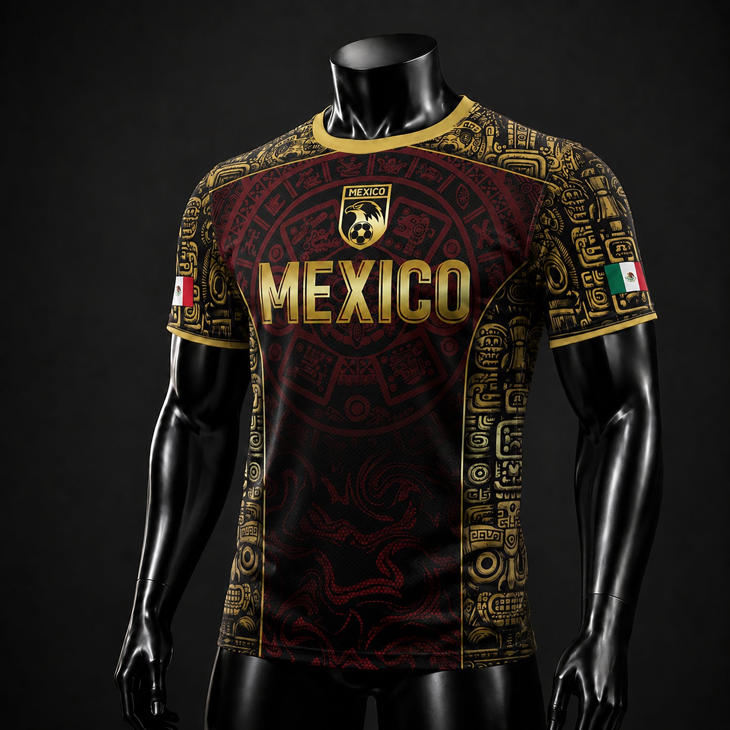 SJ-343-Maroon Mexico Aztec Eagle Soccer Jersey, Gold Print Calendar Football Shirt Sportswear Jersey FREE SHIPPING