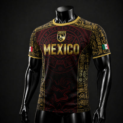 SJ-343-Maroon Mexico Aztec Eagle Soccer Jersey, Gold Print Calendar Football Shirt Sportswear Jersey FREE SHIPPING