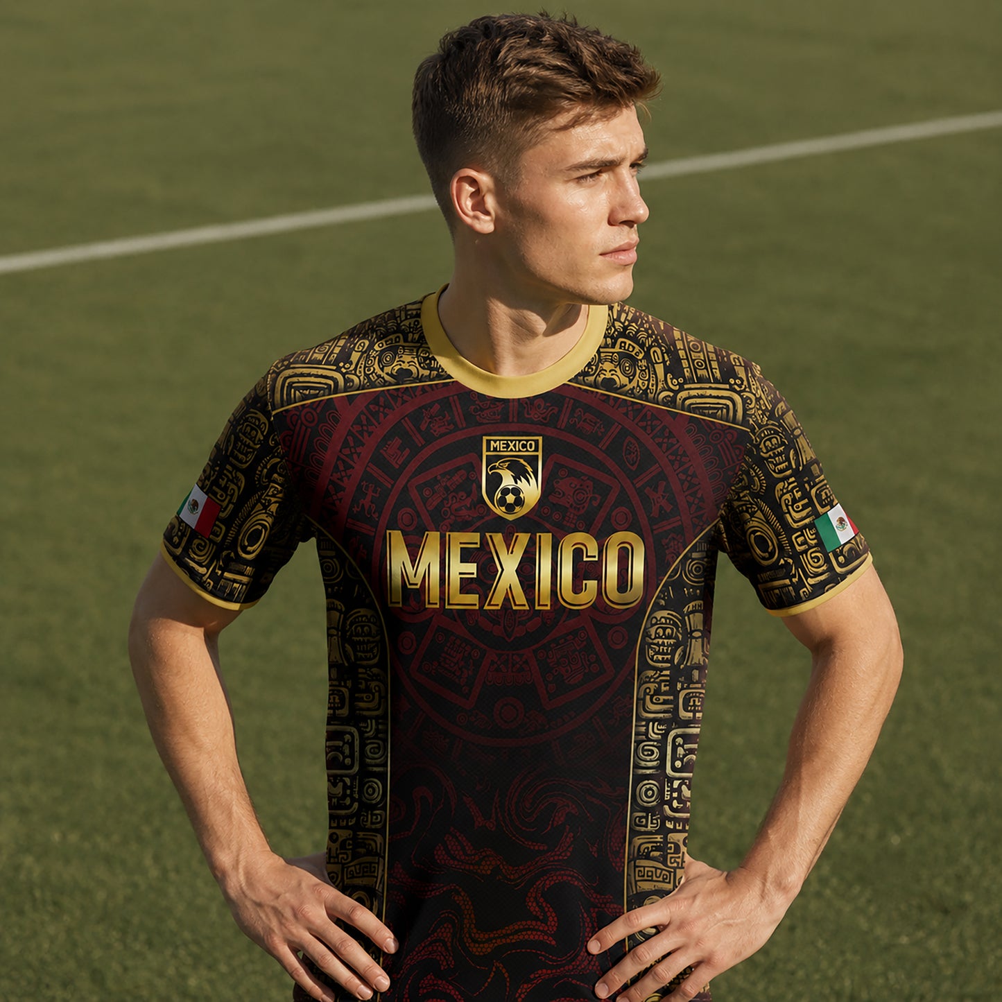 SJ-343-Maroon Mexico Aztec Eagle Soccer Jersey, Gold Print Calendar Football Shirt Sportswear Jersey FREE SHIPPING
