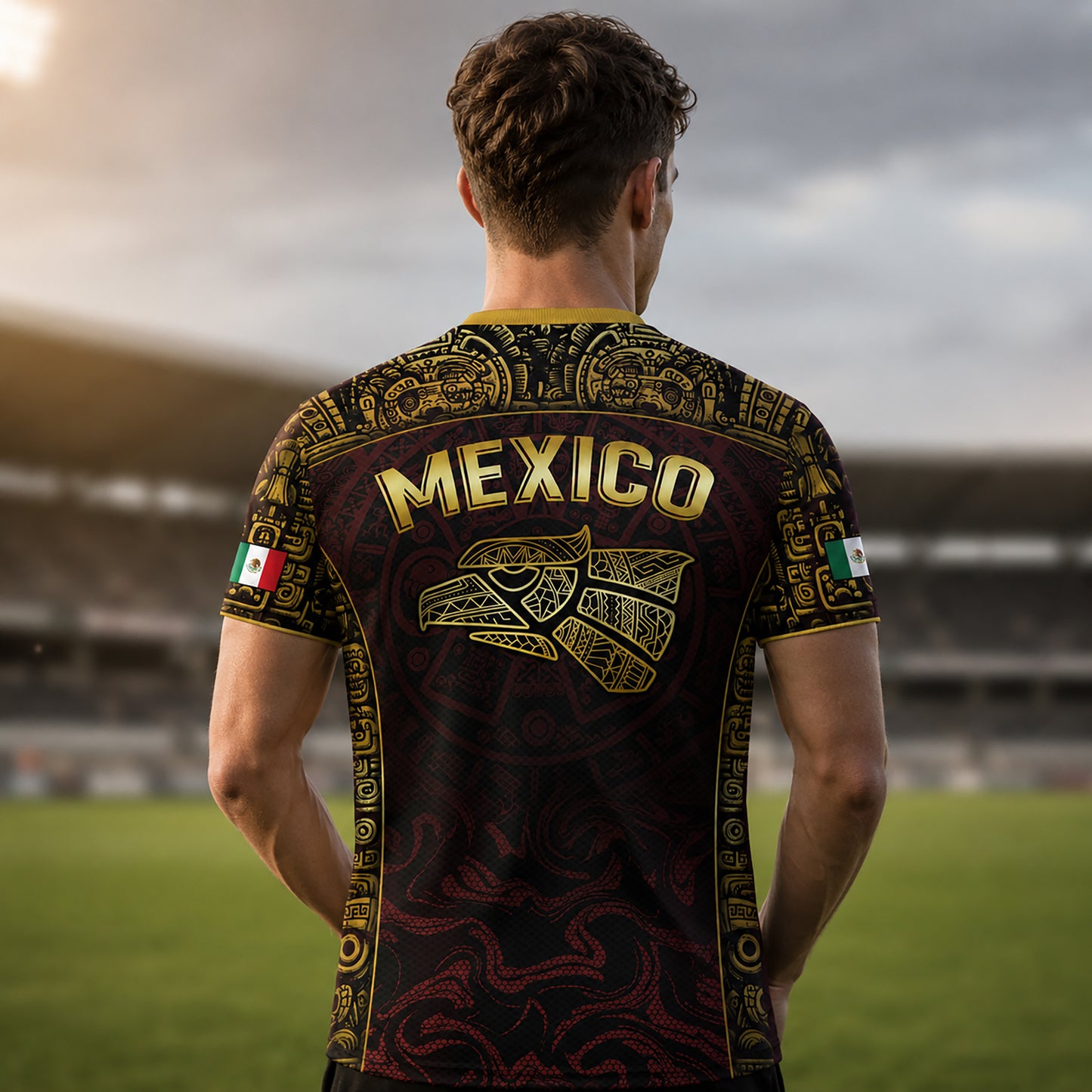 SJ-343-Maroon Mexico Aztec Eagle Soccer Jersey, Gold Print Calendar Football Shirt Sportswear Jersey FREE SHIPPING