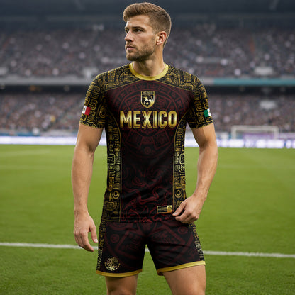 SJ-343-Maroon Mexico Aztec Eagle Soccer Jersey, Gold Print Calendar Football Shirt Sportswear Jersey FREE SHIPPING